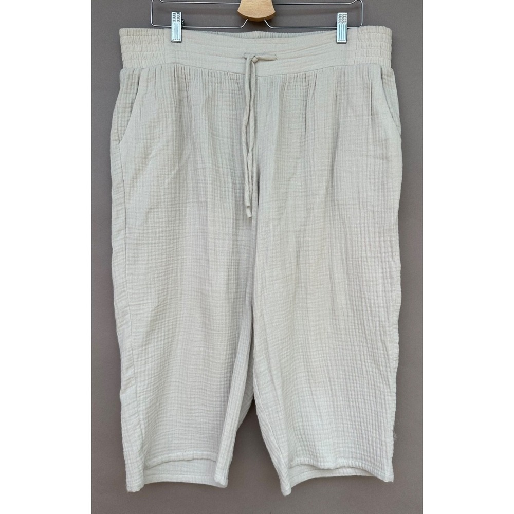 JM Collection Pants PXL Beige Gauze Wide Leg‎ Pull On Cotton Beach Pockets Boho